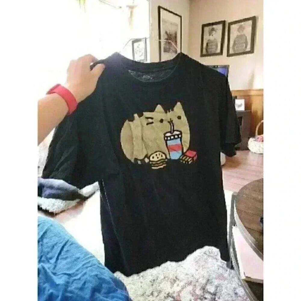 Pusheen Snacks Shirt Black‎ Cat Burger Fries Food Cotton Short Sleeve Mens L CR3